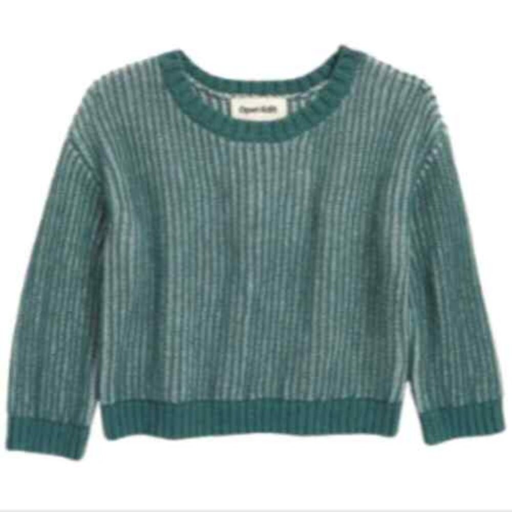 Open Edit Babies' Organic Cotton Contrast Sweater In Teal Needle- Grey 6M NWT